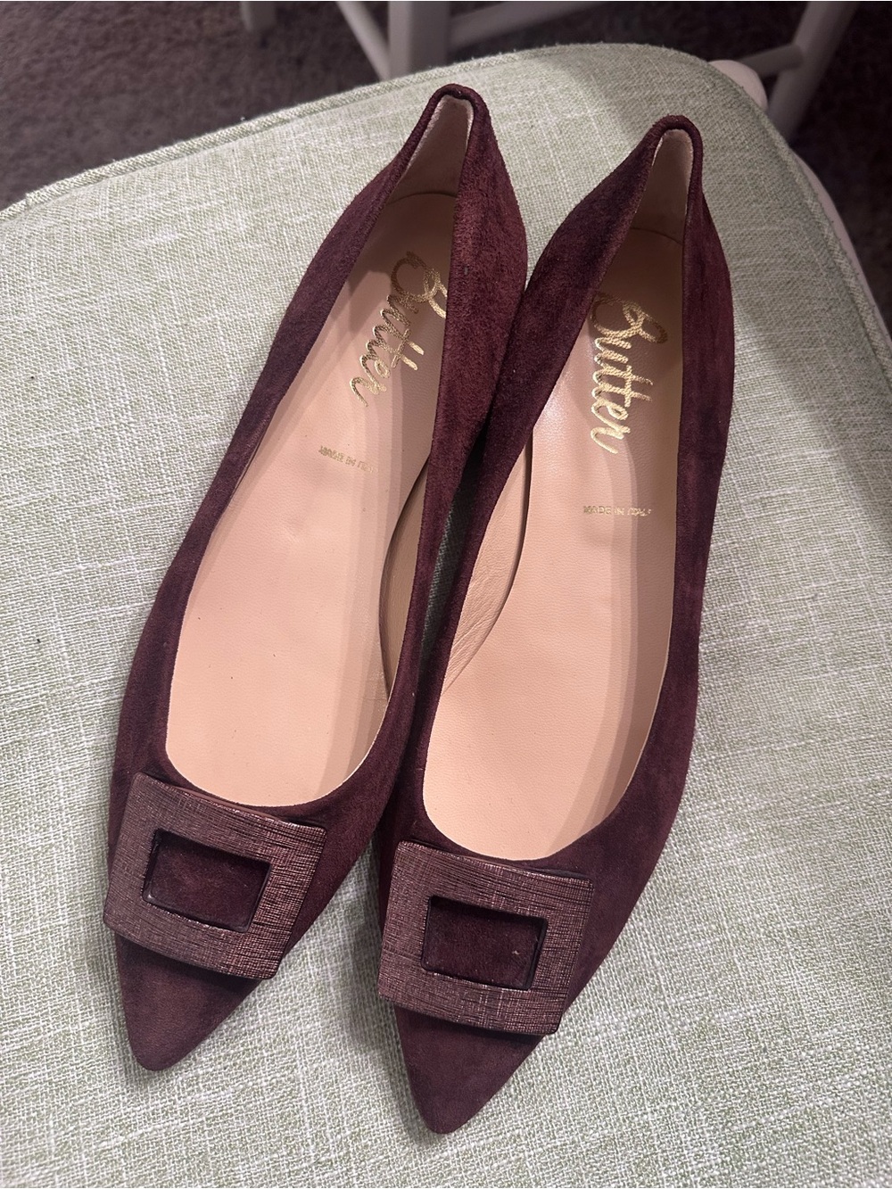 Butter Brown Suede Pointed Toe Flats with Copper Gold Buckle 9.5